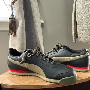 Puma Roma Tipoff Black and Olive:Tan Sneakers with Red Accents.